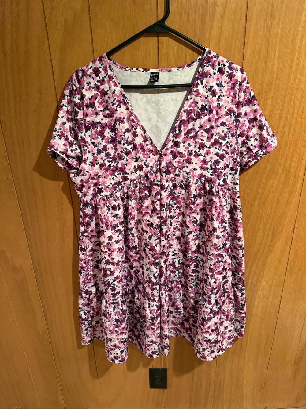 SHEIN Pink Purple Floral V-Neck Short Sleeve Tunic